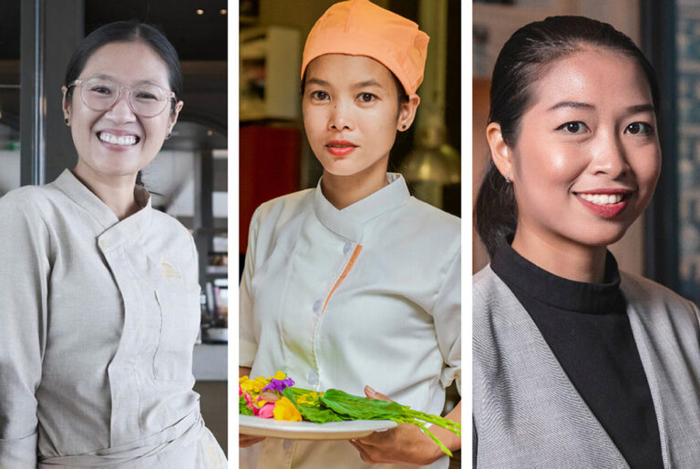 De izquierda a derecha: Chef Nak – autora de Nhum, Sok Kimsan – chef ejecutiva en Sombok y Gnean Eden – responsable de restaurante y bebidas en Rosewood Phnom Penh. Mujeres que están cambiando el panorama gastronómico en Camboya (Fuente: Raintree)